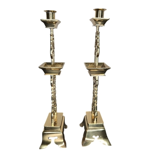 Set Of 2 Vintage 15" Tall Brass Chinese Candle Holders, Chinoiserie Candlesticks - Picture 5 of 15